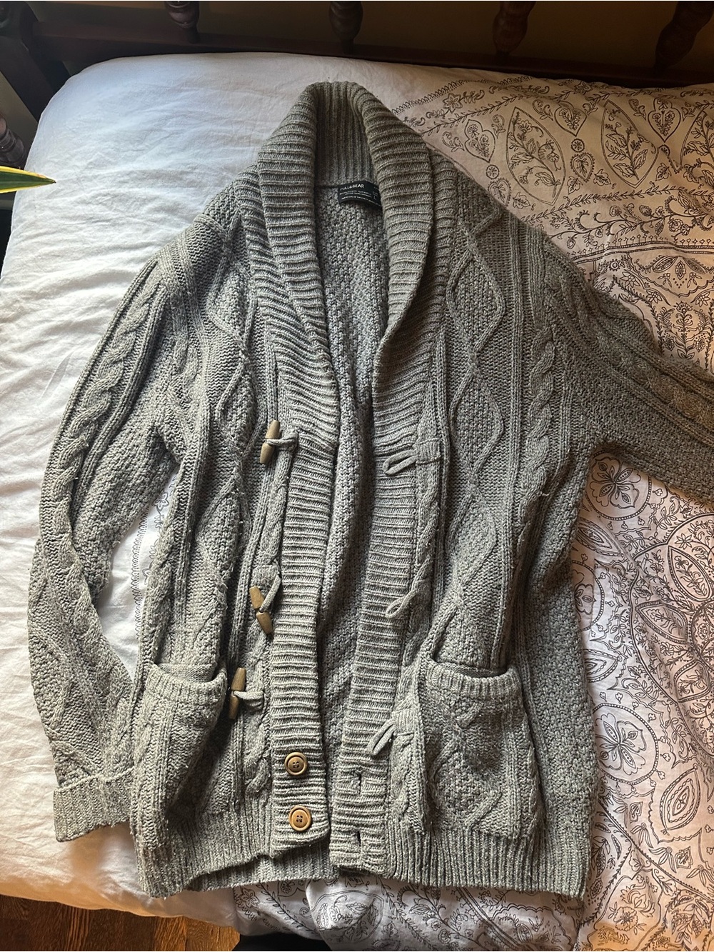 Pull&Bear Shawl Collar Cable Knit Cardigan in Light Gray